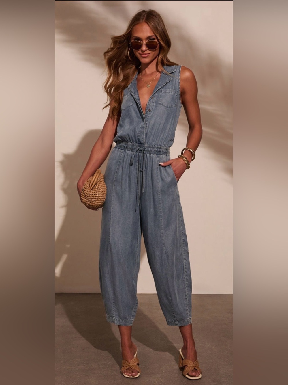 Hollie Drawstring Denim Blue Sleeveless Jumpsuit